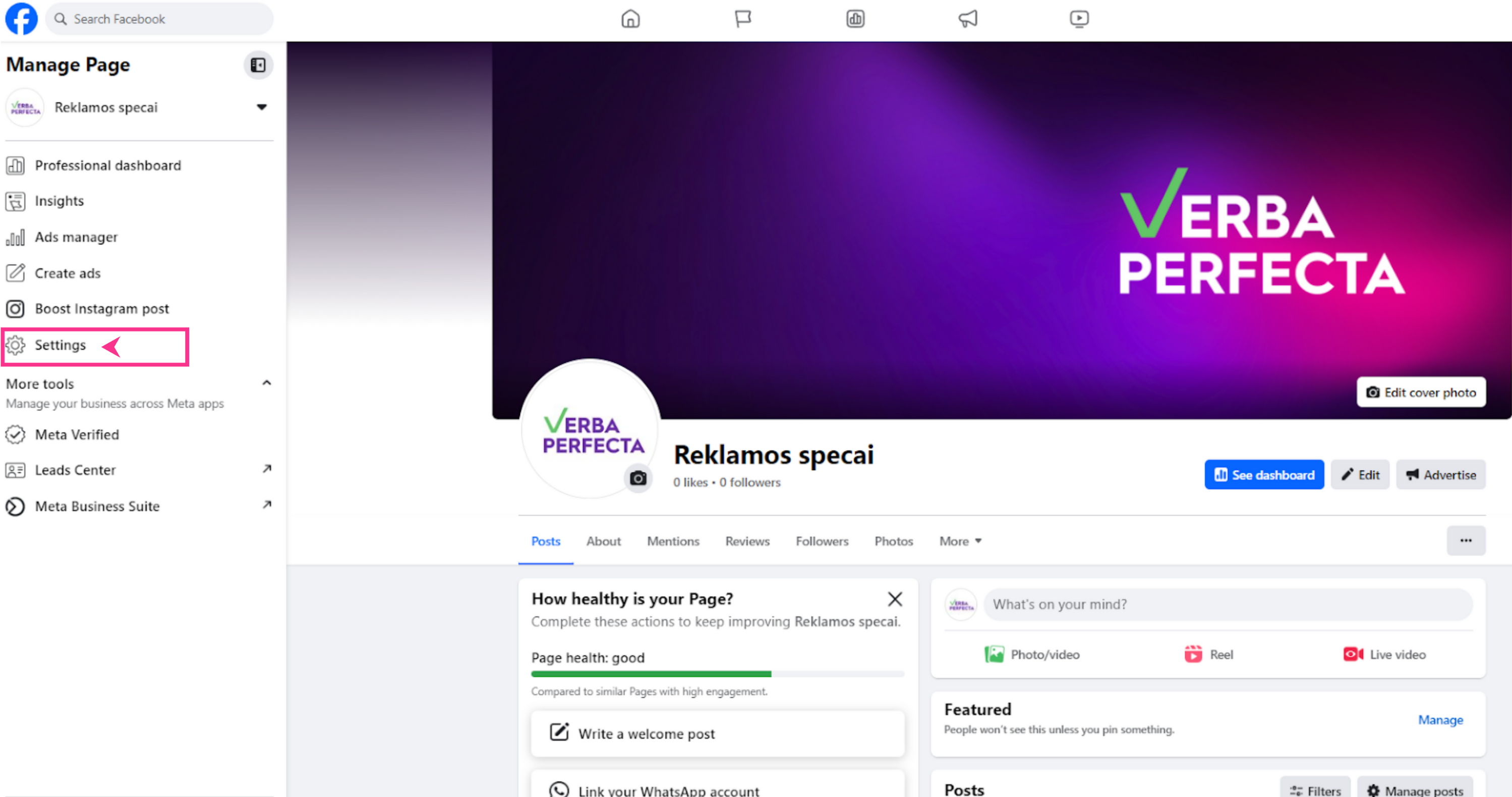 Facebook puslapio nustatymai, mygtukas Settings