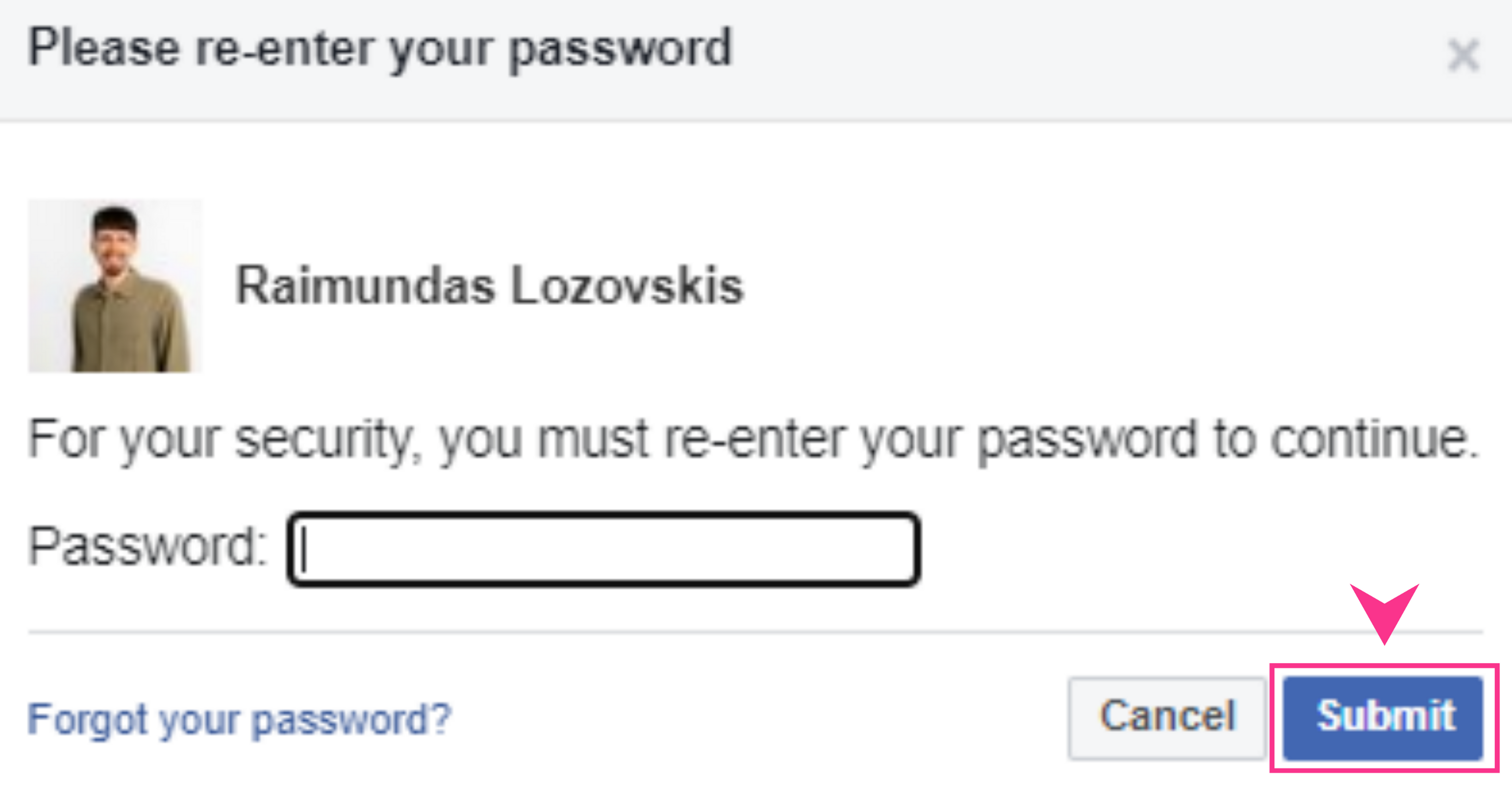Paskyros slaptažodis ir mygtukas Submit