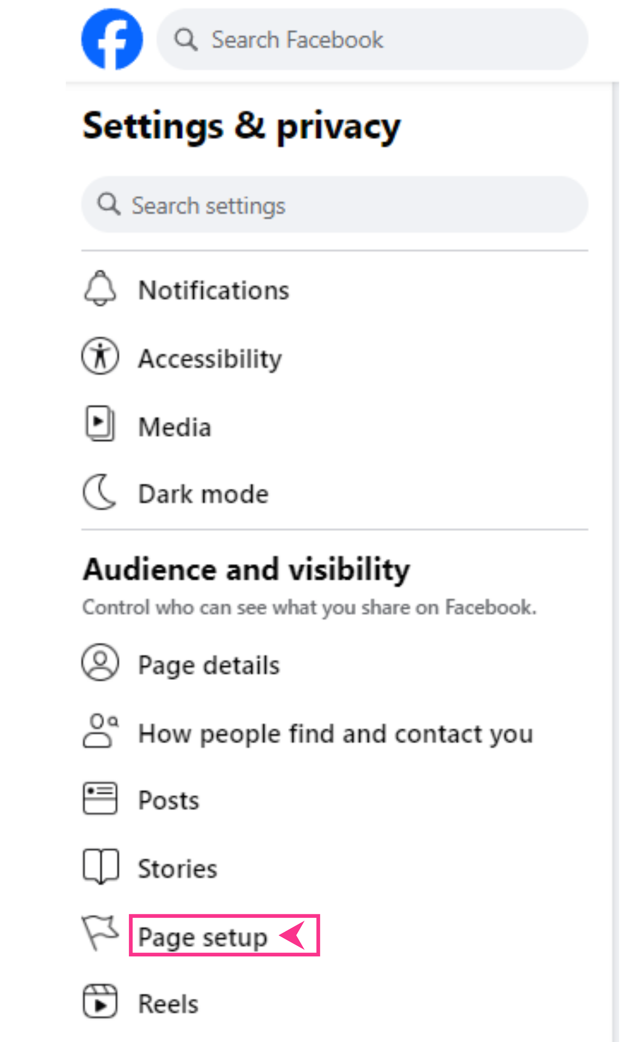 Page setup pasirinkimas puslapio valdyme